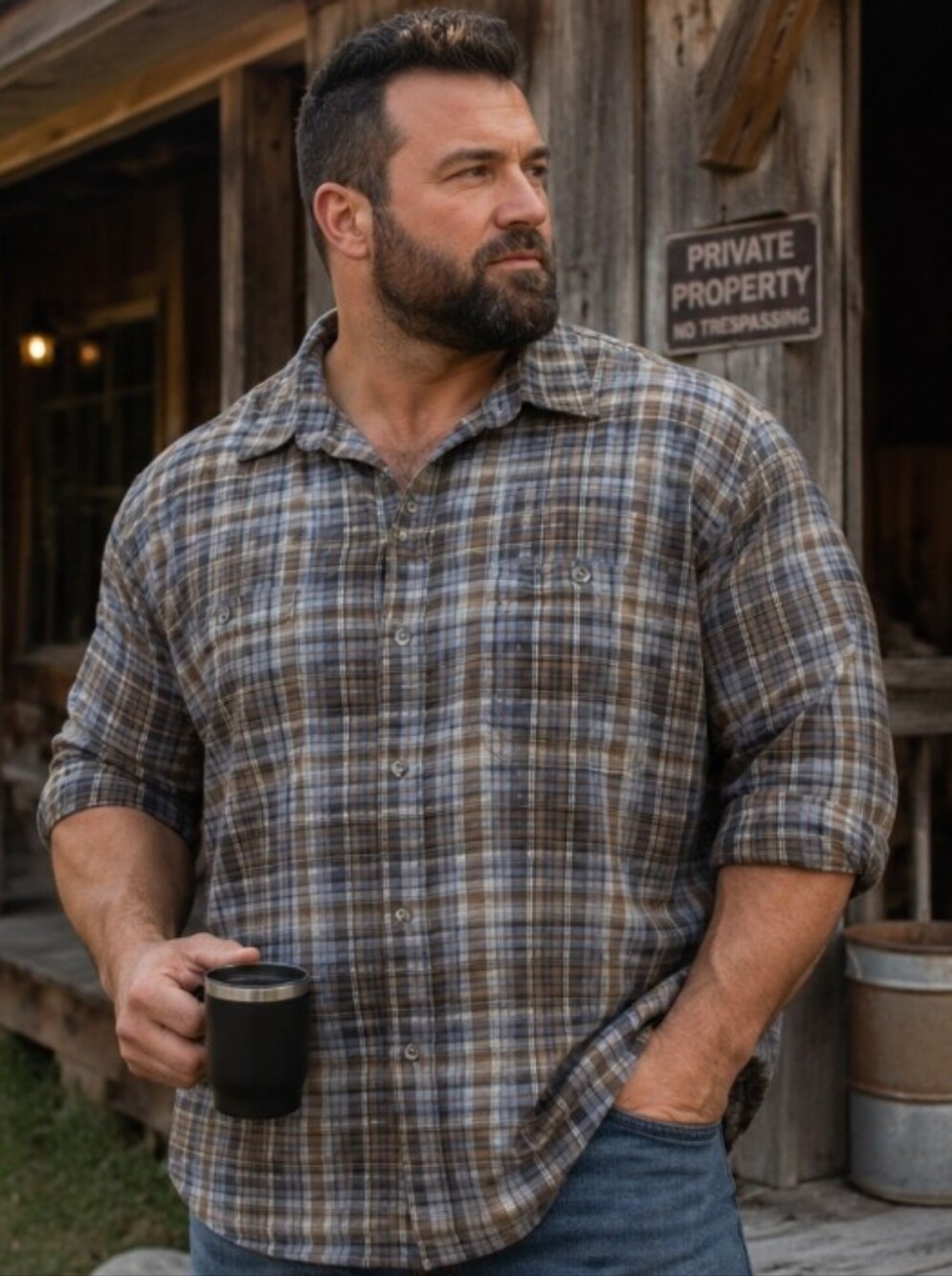 RedHead Men’s 3XL Plaid Button Up Shirt Brown Blue Outdoor Flannel Style Cotton